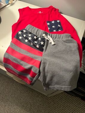 Red Tank Top and Gray American Flag Shorts Set